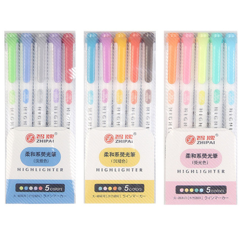 Stylo surligneur Fluorescent à Double tête, 5 couleurs/boîte, marque artistique, fourniture de papeterie japonaise ► Photo 1/6