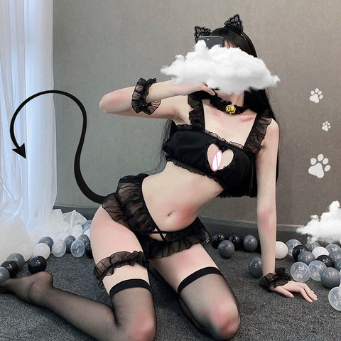 Ensemble de Lingerie Sexy en dentelle avec soutien-gorge et chat sauvage pour femmes, costume de jeu de rôle, érotique, Sexy ► Photo 1/6