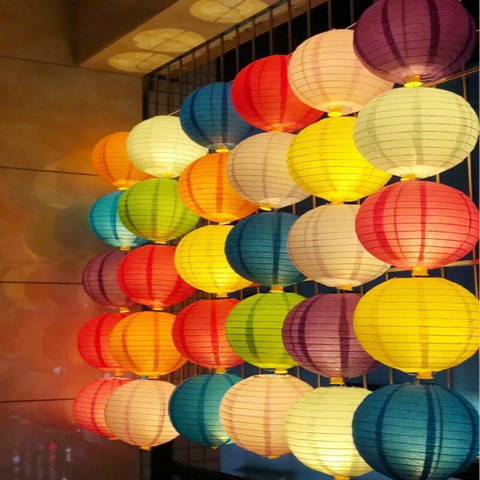 Lanternes rondes en papier faites à la main, décoration de fête d'anniversaire, mariage, boule de lumières chinoises, 4,6,8,10,12,14,16 pouces ► Photo 1/6