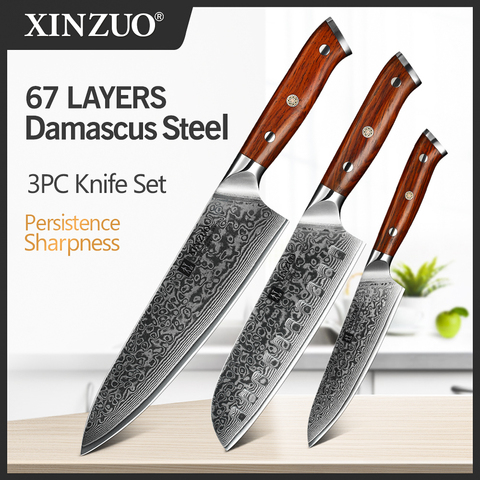 XINZUO – ensemble de 3 couteaux de cuisine professionnels Santoku en acier, damas, manche en bois de rose, couverts en acier inoxydable ► Photo 1/1