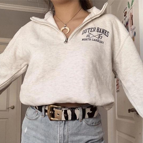 Sweat-shirt à col POLO pour femme, Style Preppy, lettre imprimée, fermeture éclair, blanc, Vintage, chaud, polaire, hiver, pulls, à la mode, 2022 ► Photo 1/3