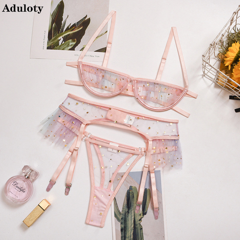 Aduloty dentelle creux Sexy soutien-gorge et culotte ensemble étoiles lumineuses fille culottes à motif cœurs costume contraste Sequin maille jarretière ensemble de Lingerie ► Photo 1/6