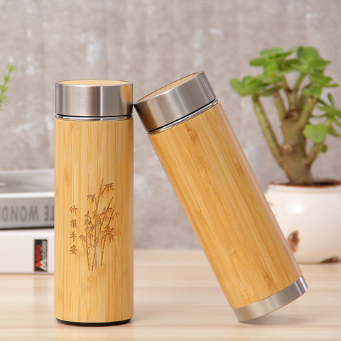 Gobelet en bambou naturel 400ml, bouteille Thermos avec revêtement en acier inoxydable, flacons isolants sous vide, tasse pour le thé ► Photo 1/6