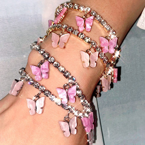 Flatfoosie – Bracelets papillon pour femmes, doux et mignon, couleur or argent, chaîne en cristal brillant, à la mode, bijoux cadeau de mariage ► Photo 1/6