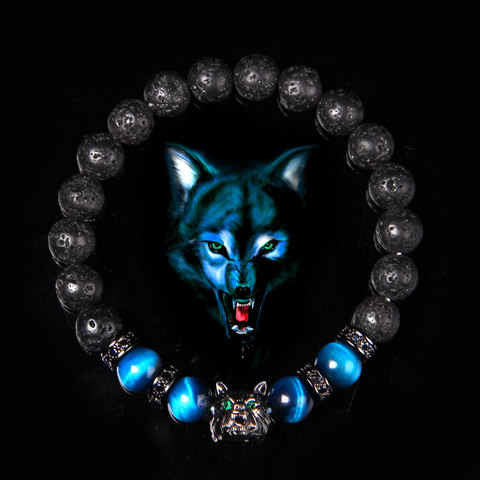 Bracelets à breloques en forme de loup pour hommes et femmes, en pierre de lave noire naturelle, courageuse, œil de tigre, bijoux élastique, perles de 8 mm ► Photo 1/6