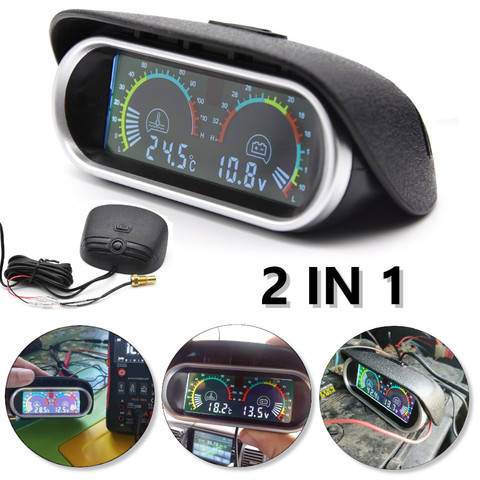 Jauge horizontale numérique pour voiture 2 en 1, jauge de tension voltmètre avec capteur de température 12v/24v LCD ► Photo 1/6