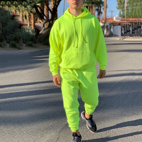 Survêtement vert fluo pour homme, couleur unie, 2 pièces à manches longues à capuche + sweat-shirt ample, costume de sport pour hommes, décontracté, OMSJ ► Photo 1/6