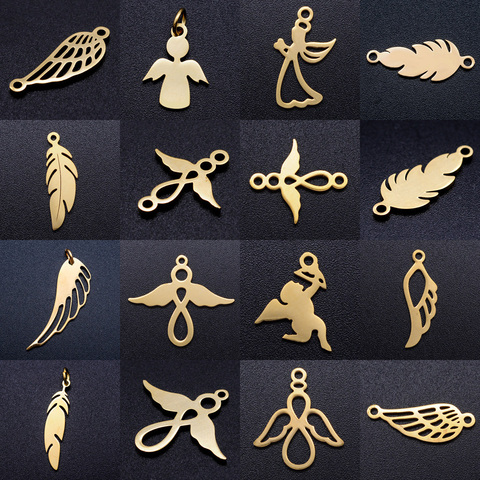 Lot de 5 breloques en forme d'aile d'ange, en acier inoxydable, pendentif, feuille de cupidon, bijoux bohème, connecteur de bracelet, diy, vente en gros ► Photo 1/6