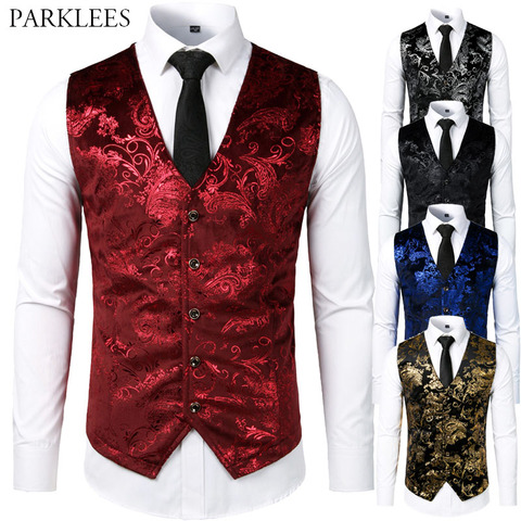 Gilet de costume en Jacquard Floral de luxe pour homme, bronzage brillant de luxe, soirée en boîte de nuit, fête, Gilet de mariage décontracté ► Photo 1/6