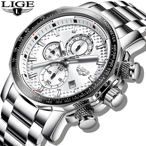 LIGE – montre à grand cadran en argent pour hommes, horloge de Sport à Quartz, de mode, de marque de luxe, chronographe militaire étanche, 2022 ► Photo 1/6