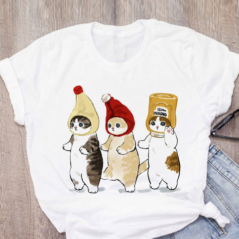 Femmes T-shirt mignon chat drôle dessin animé T-shirt Harajuku graphique Ulzzang T-shirt 90s impression T-shirt mode esthétique haut T-shirt femme ► Photo 1/6