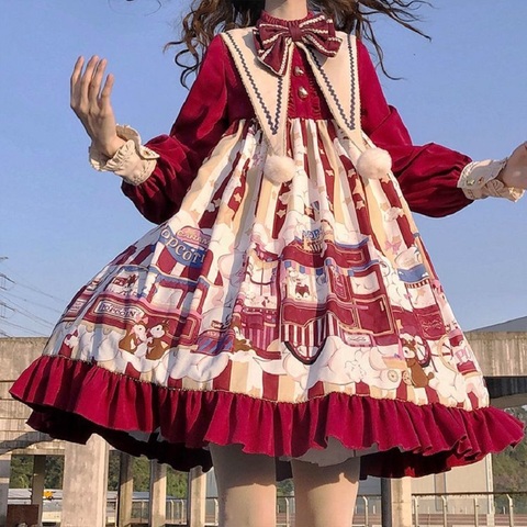 Japonais doux Kawaii Op Lolita robe femmes Vintage noël nouvel an à manches longues robe nœud filles princesse thé robes de fête ► Photo 1/6