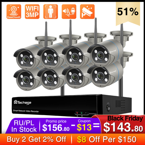Techage 8CH 3MP HD WiFi IP ensemble de caméra sans fil NVR Kit détection humanoïde enregistrement Audio bidirectionnel P2P système de Surveillance de vidéosurveillance ► Photo 1/6