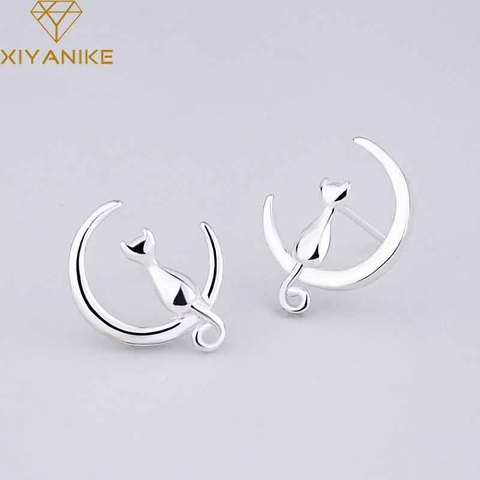 XIYANIKE – boucles d'oreilles chat sur la lune pour femmes, en argent Sterling 925, faites à la main, simples, de Style coréen ► Photo 1/5