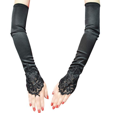 Vintage 1920s sans doigts dentelle paillettes Satin fête gants accessoires de déguisement extensible opéra noir femmes longs gants ► Photo 1/6