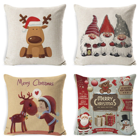 Housse de coussin pour décoration pour noël, dessin animé, père noël, oreiller, décoration en lin, pour noël, taie d'oreiller ► Photo 1/6