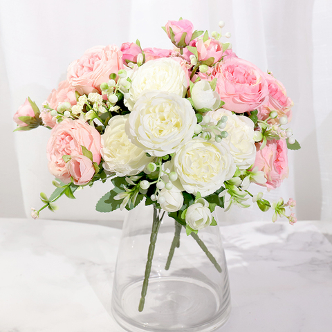 Rose soie pivoine fleurs artificielles Rose mariage maison bricolage décor haute qualité grand Bouquet mousse accessoires artisanat blanc fausse fleur ► Photo 1/6
