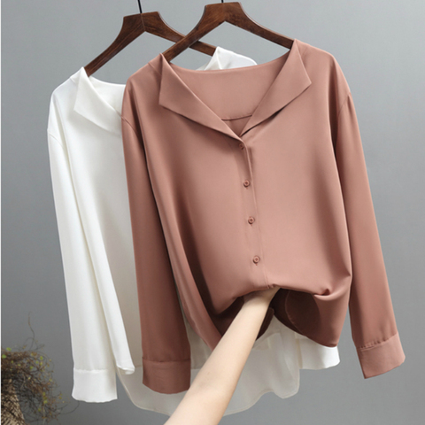 Blouses femme 2022 à manches longues en mousseline de soie Blouse femmes chemises haut femme solide blanc marron col en v bureau dames hauts Blusas A296 ► Photo 1/6