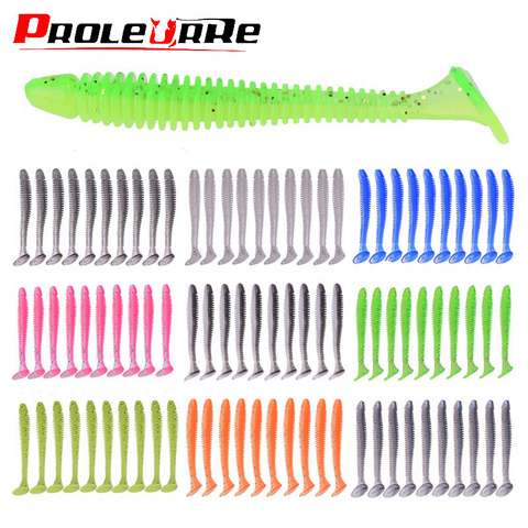 10 pièces ver T queue souple appât Jig Wobblers leurre de pêche 50MM 70MM Double couleur Silicone appâts artificiels ► Photo 1/6