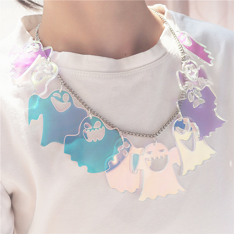 10 pendentifs en collier fantôme pour femmes hommes Halloween Iridescence multi-niveaux chaîne courte exagérer bijoux en acrylique ► Photo 1/3