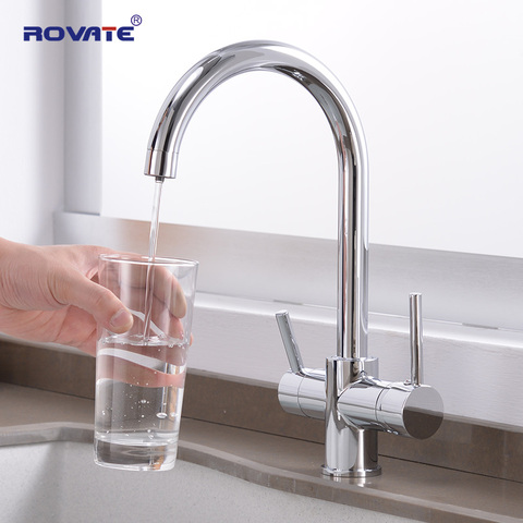 ROVATE – robinet d'évier à 3 voies, mélangeur d'eau chaude et froide purifiée, double poignée, filtre à eau potable, robinet de cuisine monté sur le pont ► Photo 1/6