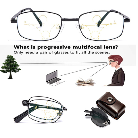 Lunettes de lecture progressives pliables, pour hommes et femmes, lunettes photochromiques multifocales avec étui, monture complète noire ► Photo 1/6