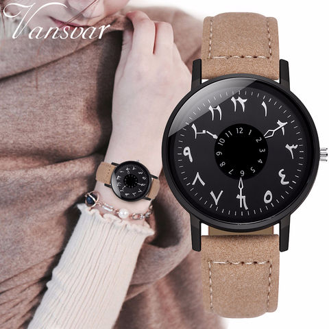 Femmes chiffres arabes montre de luxe en cuir de mode créatif cadran tournant montres à Quartz Relogio Feminino ► Photo 1/6