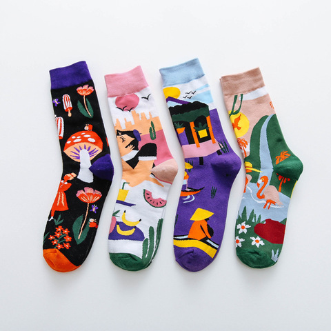 Chaussettes occidentales en coton pour femmes, imprimé coloré, avec champignon, tendance printemps, 010202 ► Photo 1/6