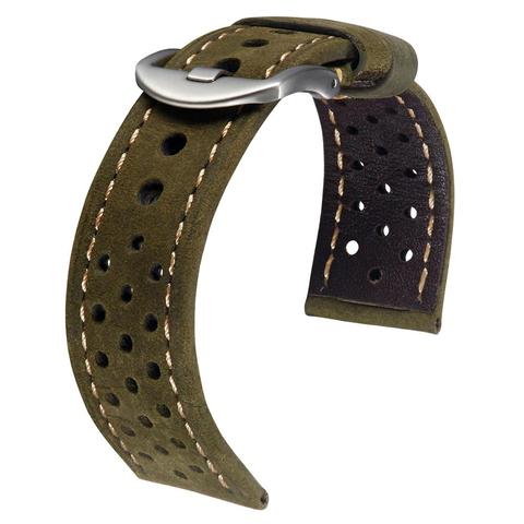 Bracelet en cuir poreux pour montre Bracelet ceinture respirant en cuir véritable bracelets de montre Bracelet 20mm 22mm 23mm Vintage vert gris ► Photo 1/6