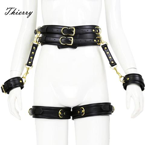 Thierry – ensemble de 4 menottes en cuir PU pièces/ensemble, ensemble de contraintes de bondage, menottes, jambes, ceinture de taille, jouets sexuels BDSM pour couples, jeux d'adultes ► Photo 1/6