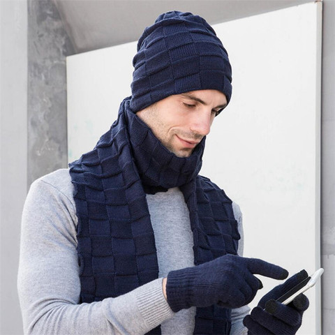 Hommes tricoté longue écharpe chapeau gants 3 pièces ensemble homme 2022 hiver chaud en peluche Protection oreille chapeau écharpes et écran tactile gants ► Photo 1/6