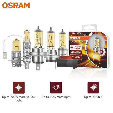 OSRAM H1 H3 H4 H7 H8 H11 H16 9005 | 9006 HB3 HB4 jaune FBR disjoncteur de brouillard halogène 12V, phare de voiture 2600K léger + 60% plus lumineux, paire ► Photo 1/6