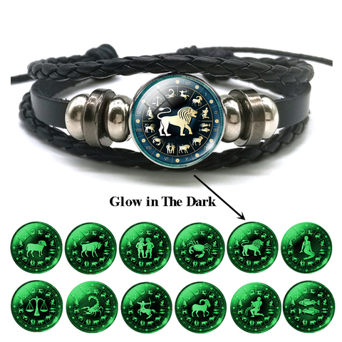 Bracelet lumineux tressé en cuir 12 zodiaque lion balance sagittaire capricorne verseau, bijoux scintillants, vente en gros ► Photo 1/6