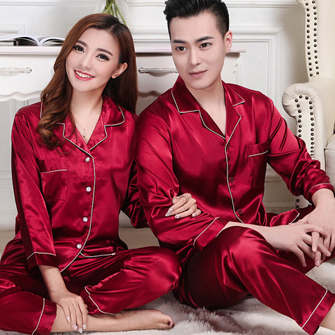 Pyjama de Couple en soie pour femmes et hommes, combinaison à manches longues, printemps et automne ► Photo 1/6