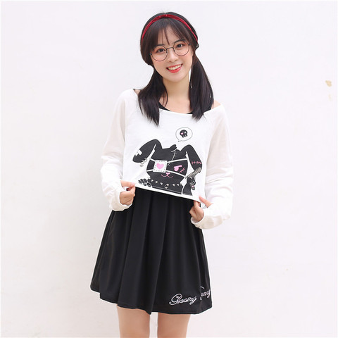 Noir Comique Lapin Robe Adolescents Filles 2 Pcs Costume Doux Coton Robe Courte Mignon Lapin Imprimer Manches Longues Japonais Lolita robe ► Photo 1/6