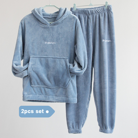 Ensemble pyjama chaud en flanelle pour femmes, vêtements de nuit, épais, velours, peluche, sweat-shirt à capuche, hiver ► Photo 1/6