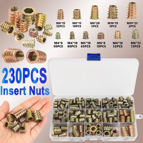 230 pièces assorties à bride hexagonale tête d'entraînement écrous de meubles M4 M6 M8 M10 Zinc alloyl filetage pour écrou d'insertion en bois ► Photo 1/5