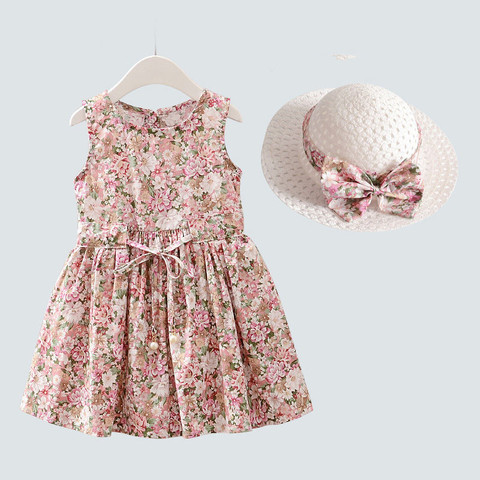 2 pièces/ensemble filles robe + chapeau coton confortable enfants robe 2022 été robe florale filles sans manches robe pour les enfants ► Photo 1/6