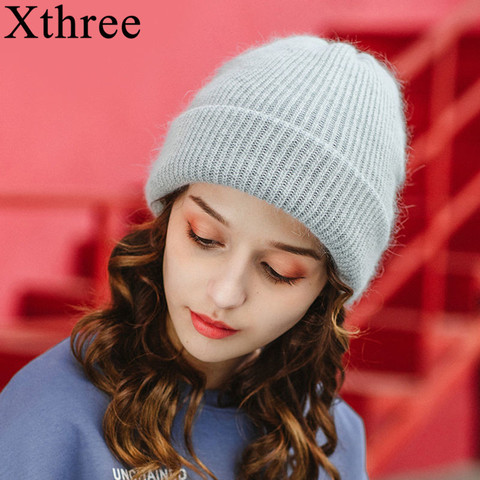 Xthree Beanie chapeau pour femmes chapeau d'hiver tricoté fourrure de lapin Skullies chapeau chaud Bonnet casquette femme chapeaux pour fille chapeau ► Photo 1/6