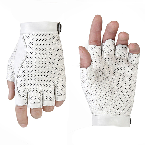 Hommes blanc demi doigt en peau de mouton en cuir véritable gants été automne pêche en plein air moto conduite gants en cuir AGC007 ► Photo 1/6