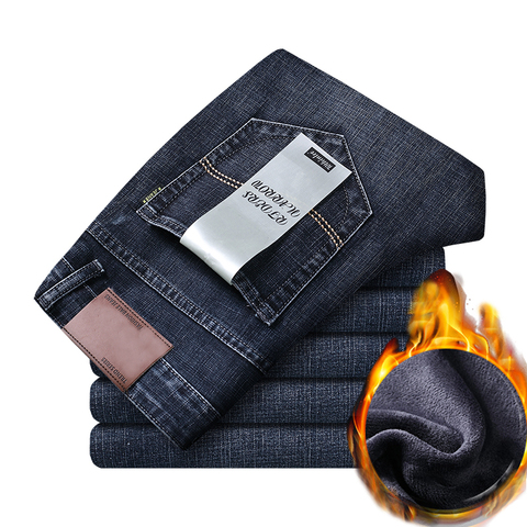 Polaire chaud hommes jean 2022 nouveau droit hiver classique affaires décontracté épaississement élastique marque pantalon bleu noir jean ► Photo 1/6