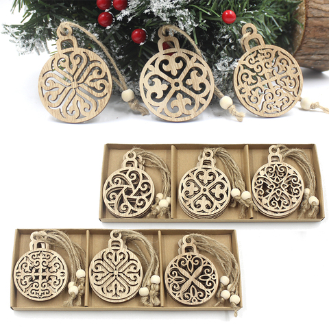 Pendentif boule de noël en bois, 12 pièces, Sculpture, ornement d'arbre de noël, artisanat Vintage en bois, cadeau pour enfants, décorations de fête de noël pour la maison ► Photo 1/6