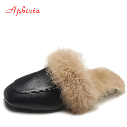 Aphixta grande taille 44 réel fourrure pantoufles chaussures femme 2022 Mules femmes gland diapositives hiver chaud femmes chaussures mode abeille pantoufles ► Photo 1/6