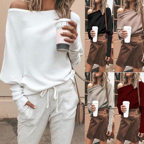 Pull Sexy à manches longues pour femme, couleur unie, épaules dénudées, tricot ample, streetwear ► Photo 1/6