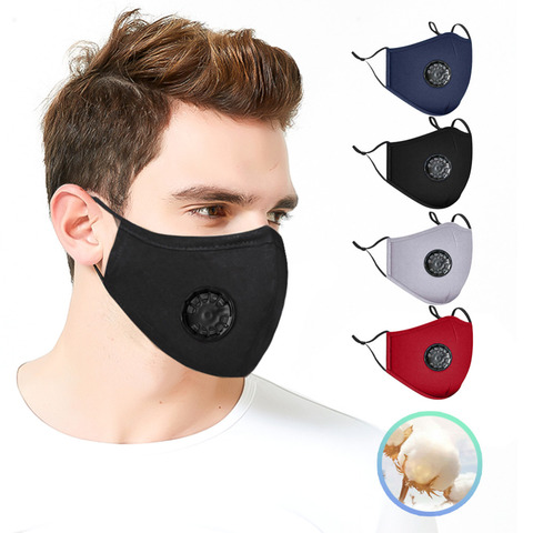 4 pièces réutilisable coton masque facial respiration Valve masque tissus unisexe Anti-poussière noir protecteur bouche couverture casquettes Mascarillas ► Photo 1/6