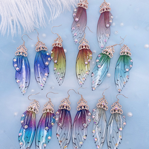 Boucles d'oreilles en résine dégradé arc-en-ciel, boucles d'oreilles en forme de papillon, bijoux pour femmes, Simulation en strass à paillettes, insecte, pendentif ► Photo 1/4