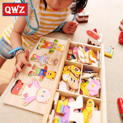QWZ petit ours changer vêtements enfants éducation précoce en bois Puzzle Dressing jeu bébé Puzzle jouets pour enfants cadeau ► Photo 1/6