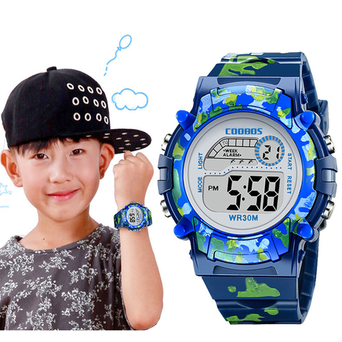 Bleu marine Camouflage enfants montres LED coloré Flash numérique étanche alarme pour garçons filles Date semaine créatif enfants horloge ► Photo 1/6