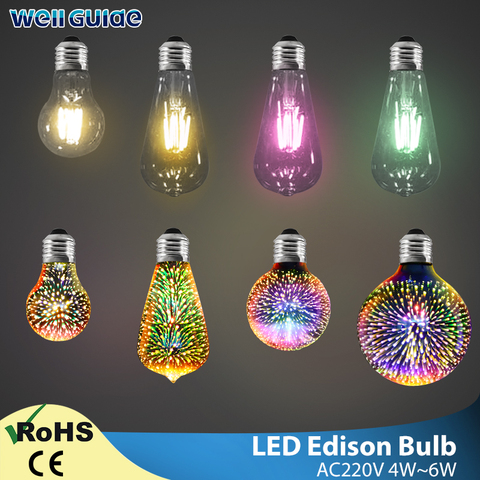 LED ampoule E27 3D décoration vacances bougies 6W 220V 3D feux d'artifice Edison lampe à led ST64 A60 G80 G95 rétro Filament lumière Edison ampoule ► Photo 1/6