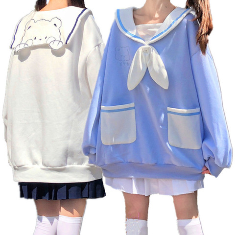 Japonais Preppy Style JK étudiant femmes décontracté sweat noeud papillon cravate marin col ours broderie Kawaii sweats à capuche Bestie vêtements ► Photo 1/6